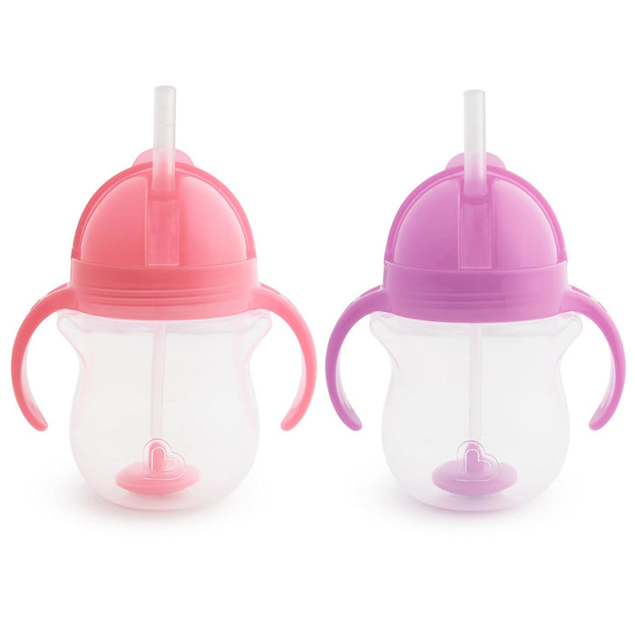 Munchkin Any Angle Sippy Cup for Toddlers, Weighted Straw Trainer, 7oz, 2-Pack, Pink & Purple, Click Lock Lid