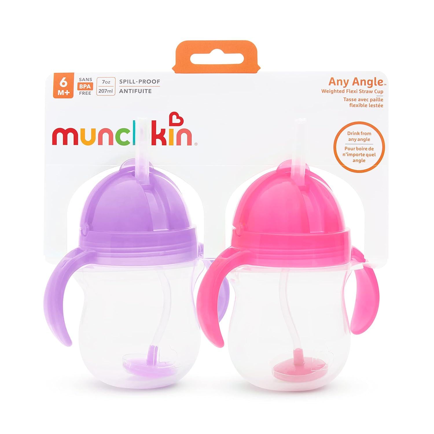 Munchkin Any Angle Sippy Cup For Toddlers, Weighted Straw Trainer Cup With Click Lock Lid, 7 Ounce, 2 Pack, Pink/Purple,735282177996