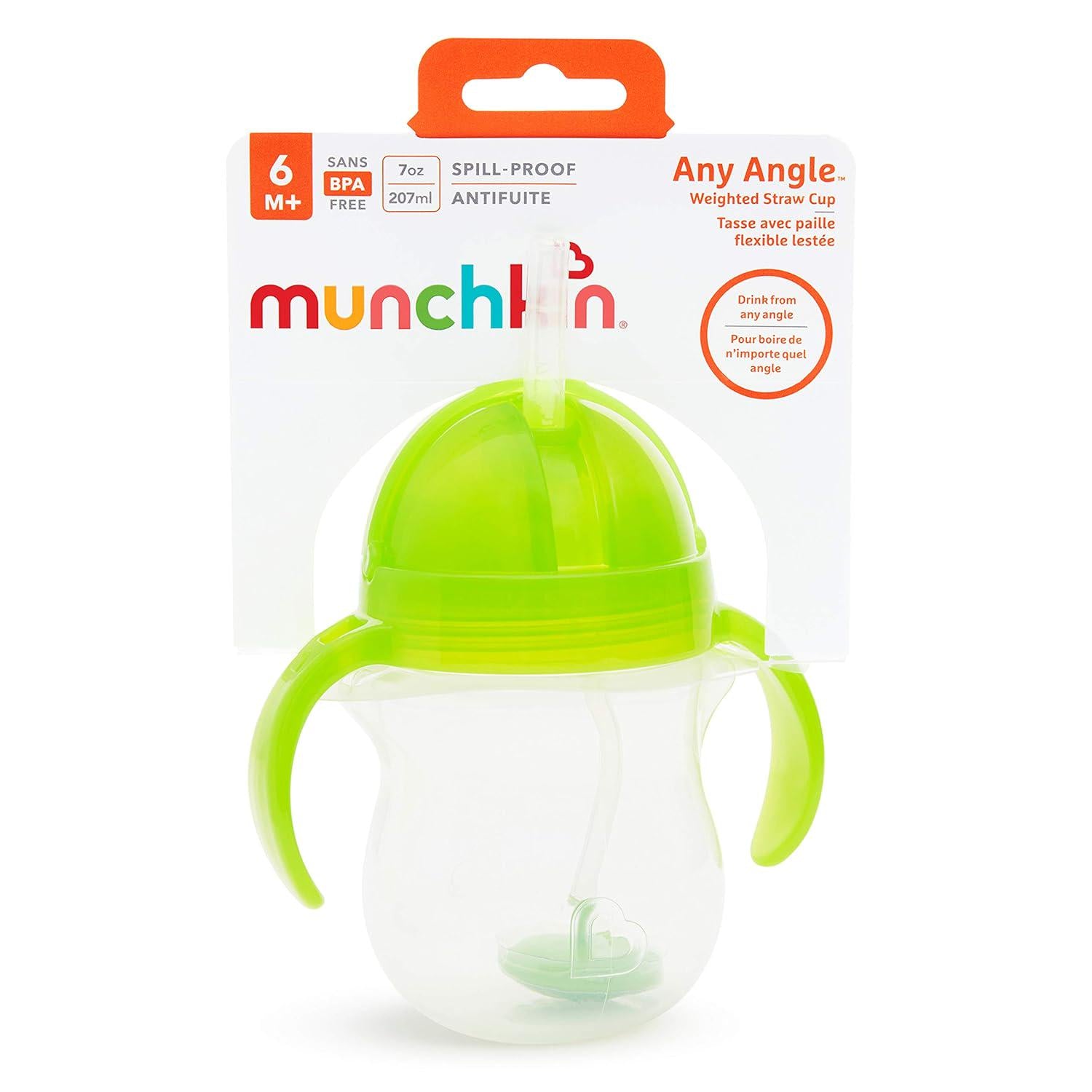 Munchkin Any Angle Sippy Cup For Toddlers, Weighted Straw Trainer Cup With Click Lock Lid, 7 Ounce, Green,735282448539