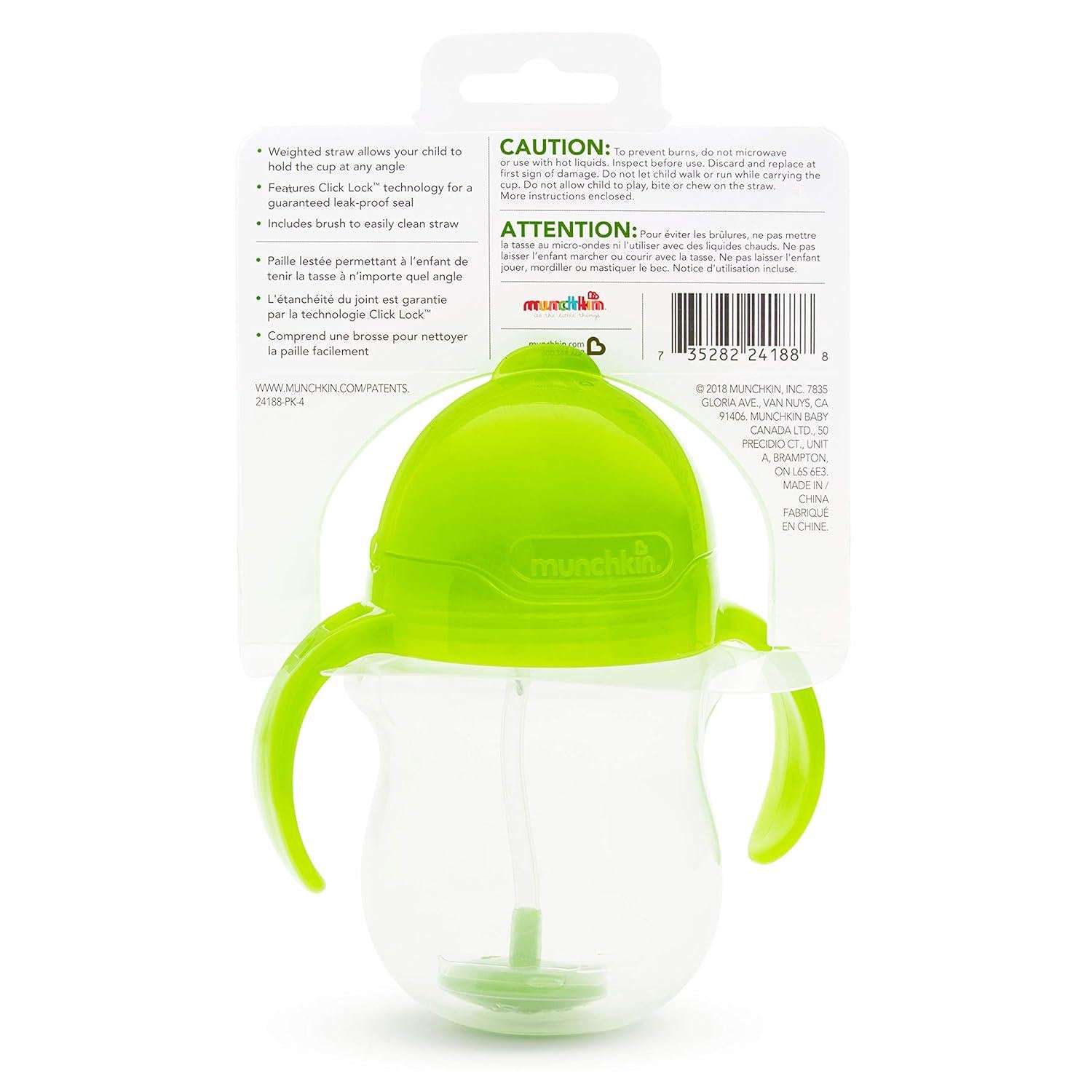 Munchkin Any Angle Sippy Cup For Toddlers, Weighted Straw Trainer Cup With Click Lock Lid, 7 Ounce, Green,735282448539