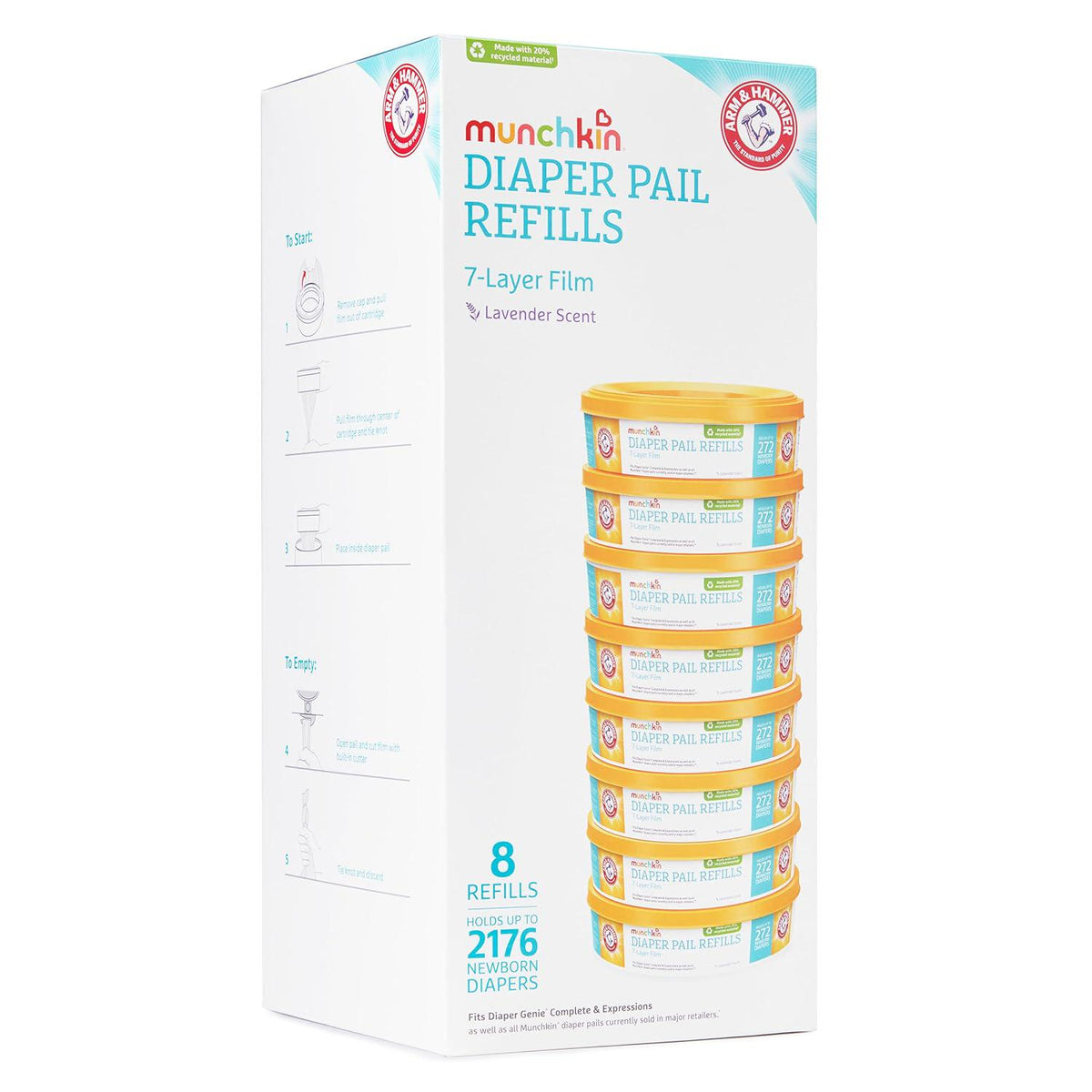 Munchkin Arm And Hammer Diaper Pail Refill Rings, Holds Up To 2,176 Newborn Diapers, 8 Pack,735282161285