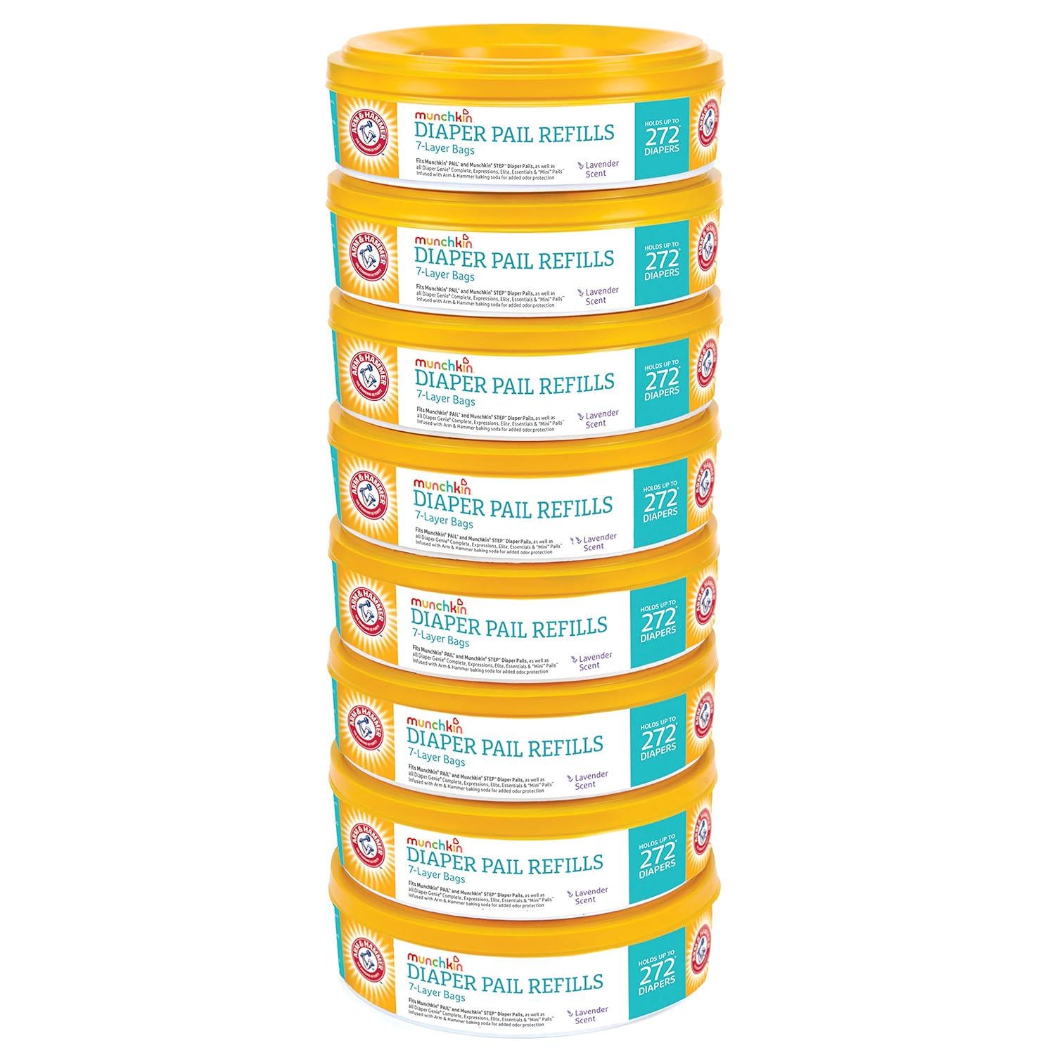 Munchkin Arm And Hammer Diaper Pail Refill Rings, Holds Up To 2,176 Newborn Diapers, 8 Pack,735282161285