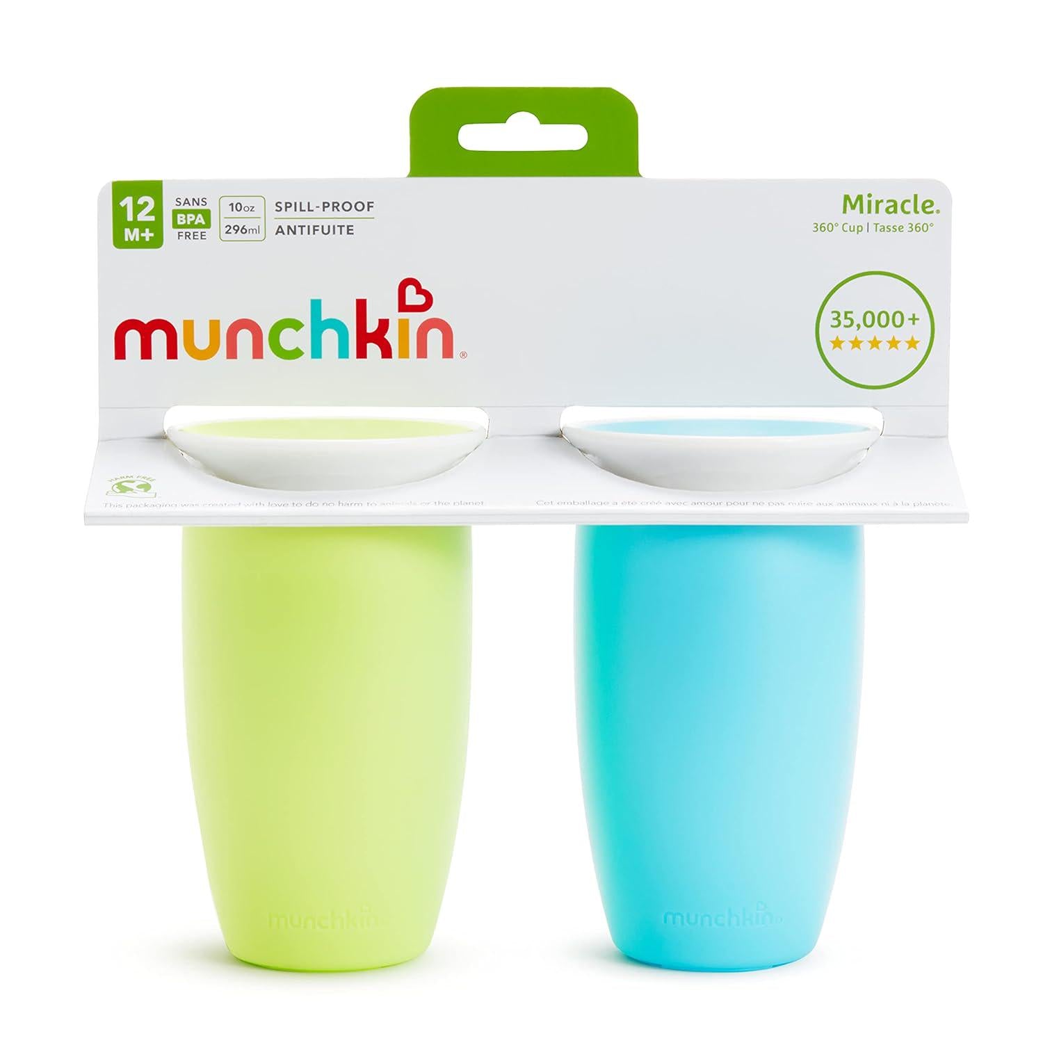 Munchkin Miracle 360 Toddler Sippy Cup, Spill Proof, 10 Ounce, 2 Pack, Green/Blue,735282470202