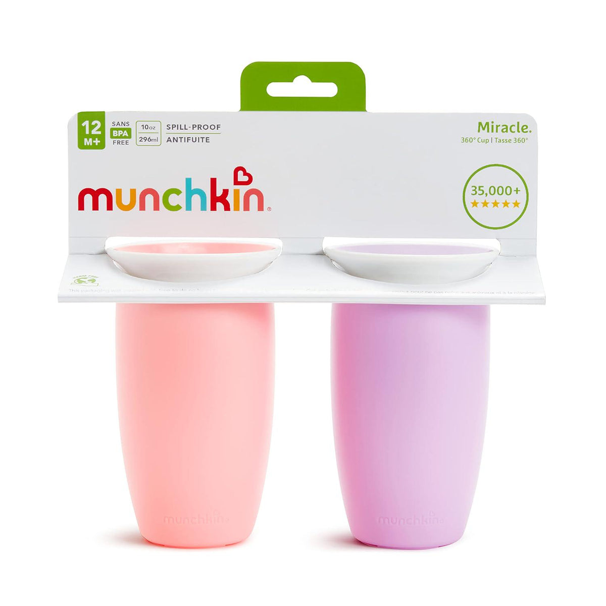 Munchkin Miracle 360 Toddler Sippy Cup, Spill Proof, 10 Ounce, 2 Pack, Pink/Purple,735282179280
