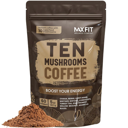 Max Fit Mushroom Coffee Organic, 60 Servings, 10 Mushrooms (Lion's Mane, Cordyceps, Turkey Tail), Immune Boosting Coffee for Focus & Gut Health Support