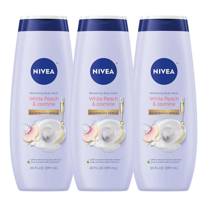 NIVEA NIVEA Refreshing White Peach And Jasmine Body Wash With Nourishing Serum, Scented Body Wash For Women, Enriched With Provitamin B5 And Vitamin E, 20 Fl Oz Bottle, 3 Pack