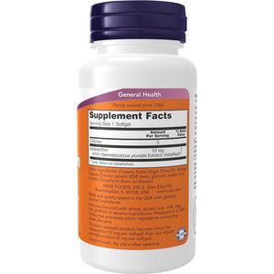 NOW Astaxanthin 10mg, 60 Softgels, From Non-GMO Algae, With Natural Lutein, Beta Carotene, Extra Strength