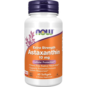 NOW Astaxanthin 10mg, 60 Softgels, From Non-GMO Algae, With Natural Lutein, Beta Carotene, Extra Strength