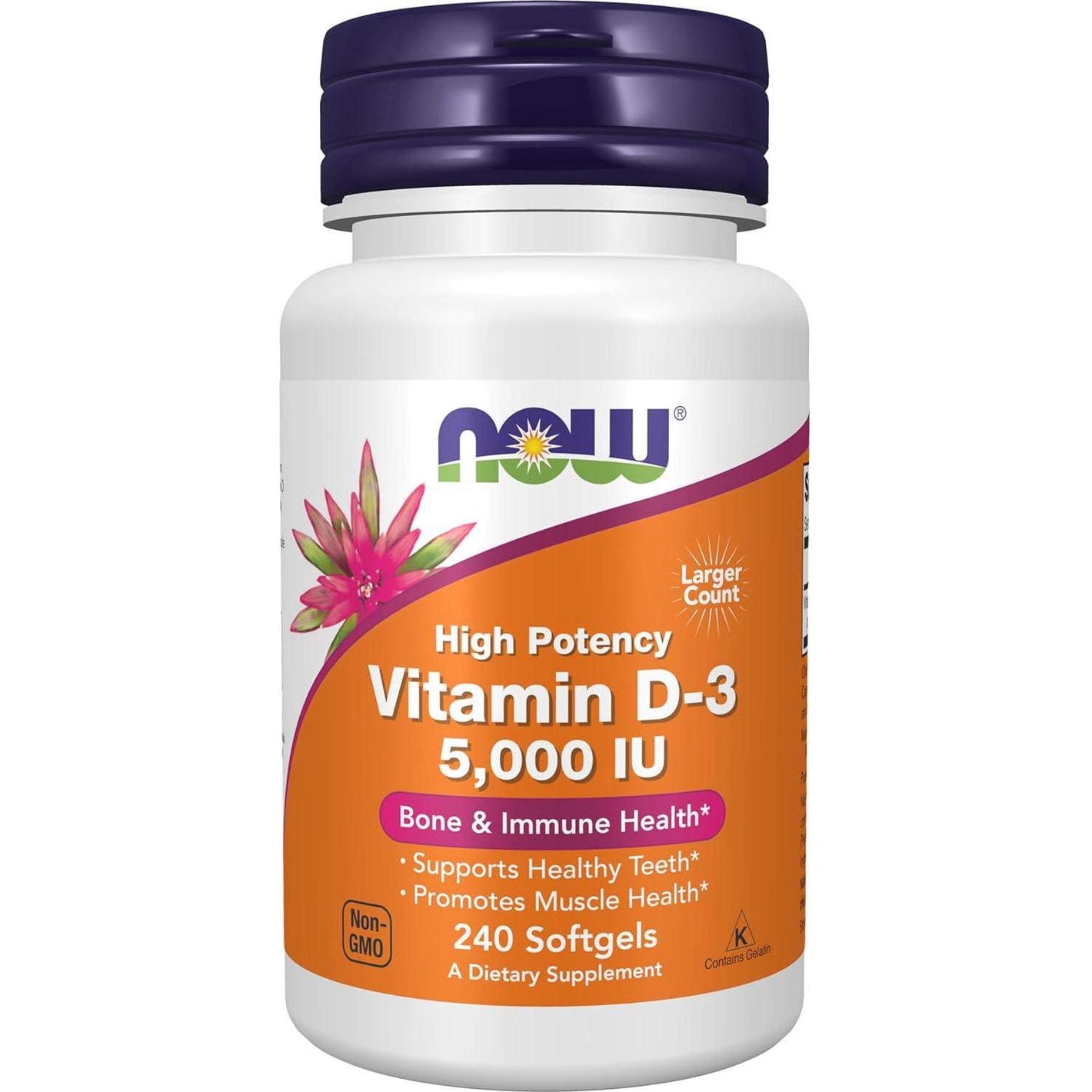 NOW Foods Vitamin D3, 5,000 IU, High Potency, Structural Support, 240 Softgels