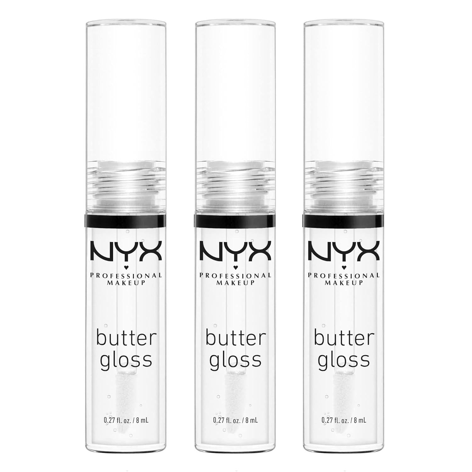 NYX PROFESSIONAL MAKEUP Butter Gloss, Non-Sticky Lip Gloss - Sugar Glass (Clear), Pack Of 3,