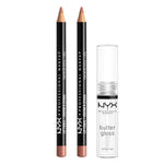 NYX PROFESSIONAL MAKEUP Slim Lip Pencil (Peakaboo Neutral) + Butter Gloss (Sugar Glass, Clear), 3-Pack Bundle,