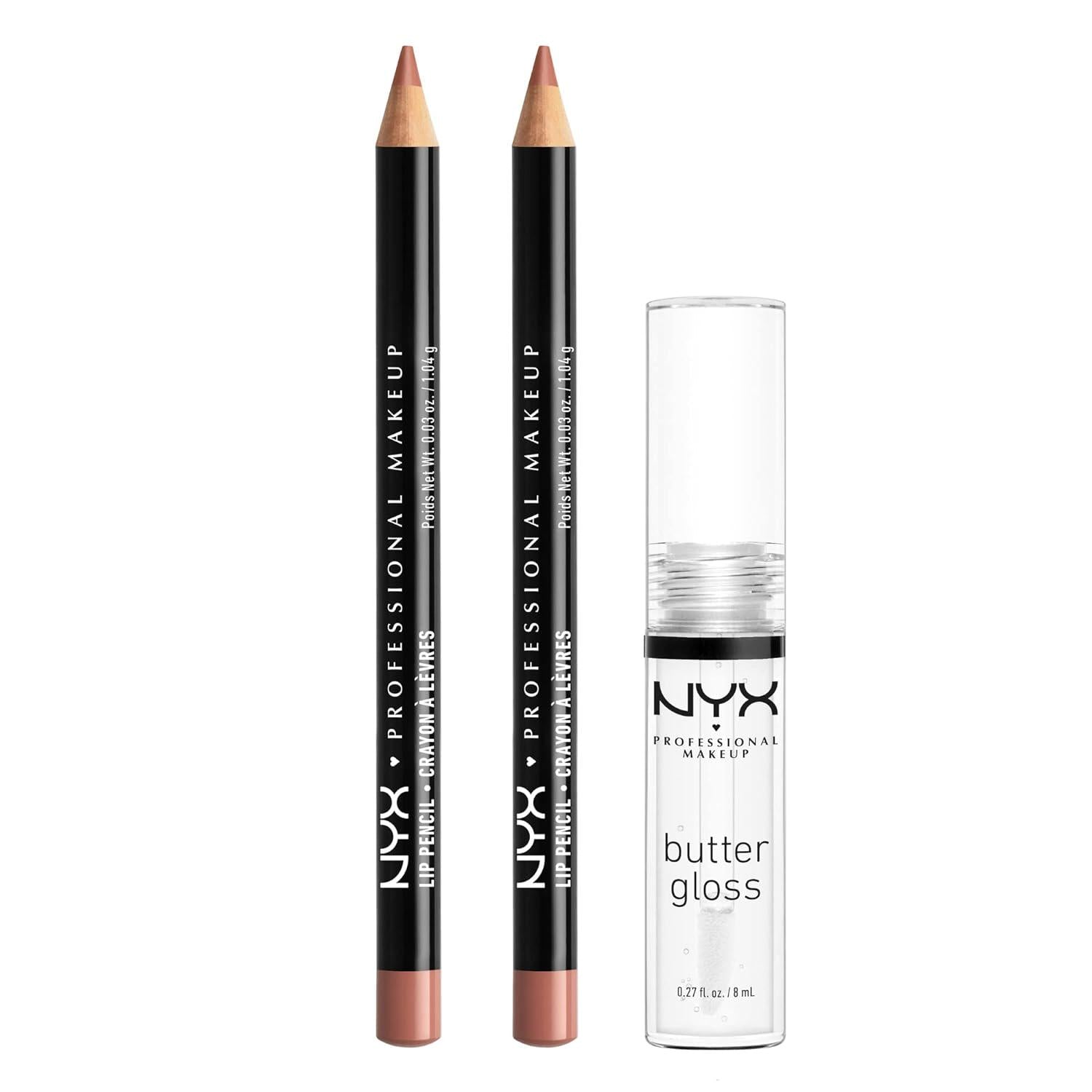 NYX PROFESSIONAL MAKEUP Slim Lip Pencil (Peakaboo Neutral) + Butter Gloss (Sugar Glass, Clear), 3-Pack Bundle,
