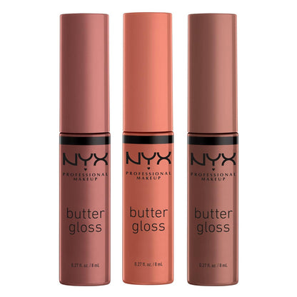 NYX PROFESSIONAL MAKEUP Butter Gloss Brown Sugar, Non-Sticky Lip Gloss - Pack Of 3 (Sugar High, Spiked Toffee, Butterscotch),