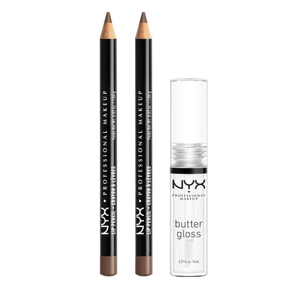 NYX PROFESSIONAL MAKEUP Slim Lip Pencil (Espresso) + Butter Gloss (Sugar Glass, Clear), 3-Pack Bundle,