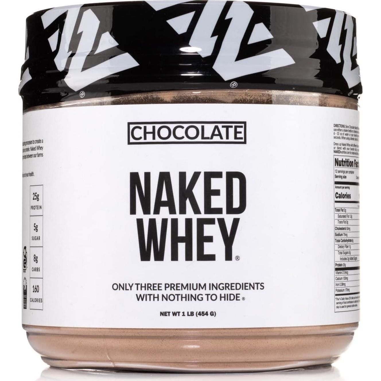 Naked Nutrition Naked Chocolate Whey 1LB - All Natural Grass Fed Whey Protein Powder, Organic Cacao, And Coconut Sugar - No GMO, No Soy, And Gluten Free, Aid Growth And Recovery - 12 Servings