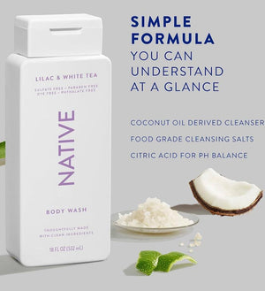 Native Native Body Wash Contains Naturally Derived Ingredients | For Women And Men, Sulfate, Paraben, And Dye Free Leaving Skin Soft And Hydrating | Lilac And White Tea 18 Oz - 2 Pk