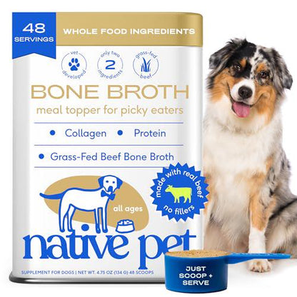 Native Pet Beef Bone Broth Dog and Cat Food Topper 48 Scoops for Hydration Joint and Immune Health