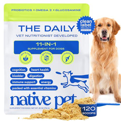 Native Pet 11-in-1 Dog Multivitamin Powder, Collagen, Glucosamine, Omega & Probiotics, 120 Scoops Food Topper