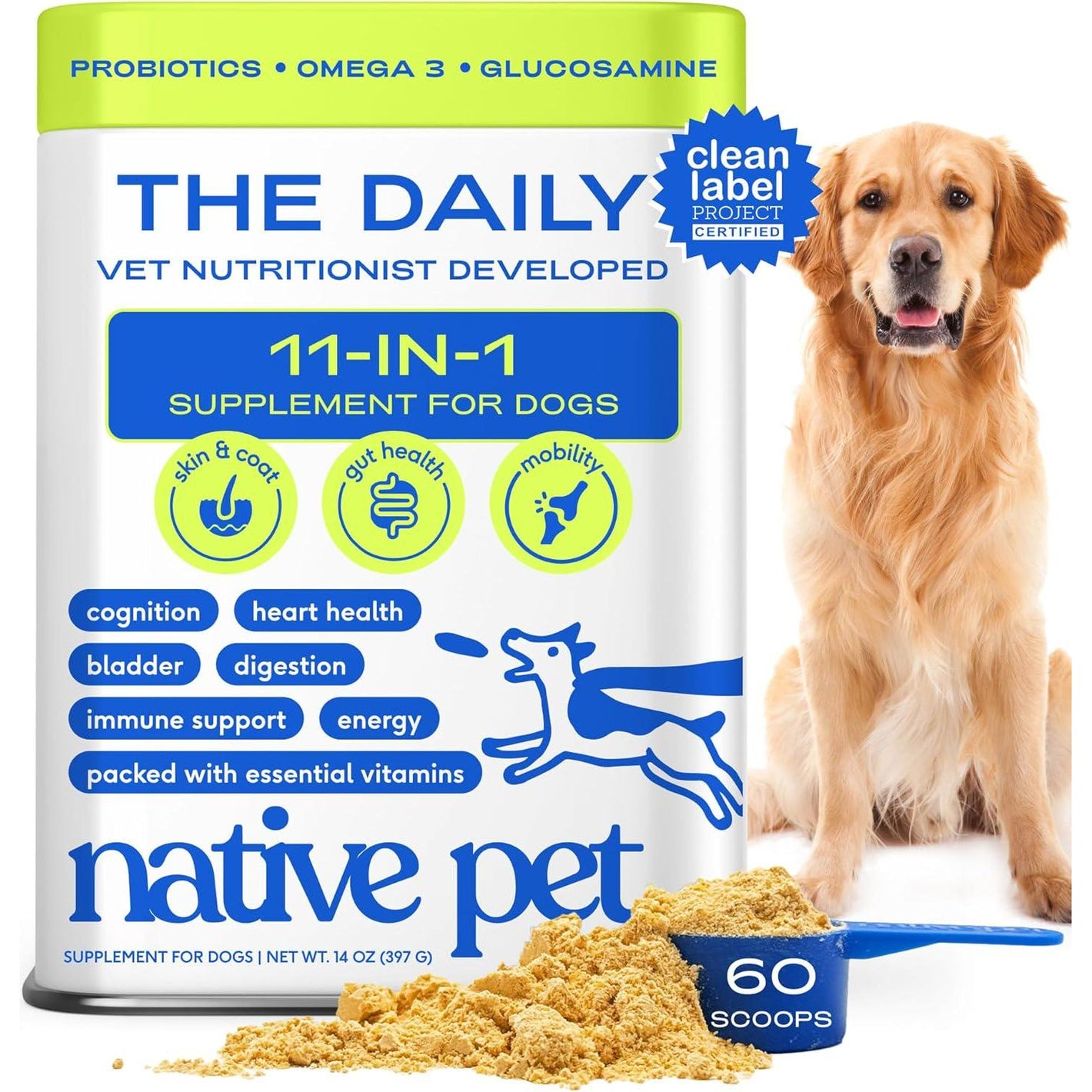 Native Pet 11-in-1 Multivitamin Powder for Dogs, Collagen, Glucosamine, Probiotics, 60 Scoops
