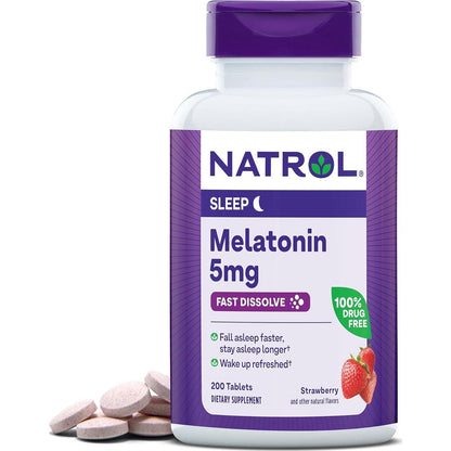 Natrol Melatonin 5mg Fast-Dissolve Tablets, Strawberry Flavor, Sleep Support, 200 Tablets (200-Day Supply)