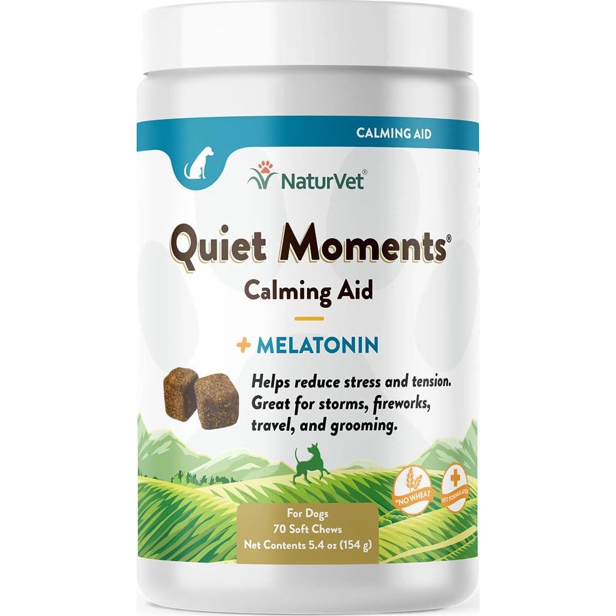NaturVet Quiet Moments Calming Dog Chews, 70 Ct, with Melatonin for Stress, Anxiety, Storms, Fireworks