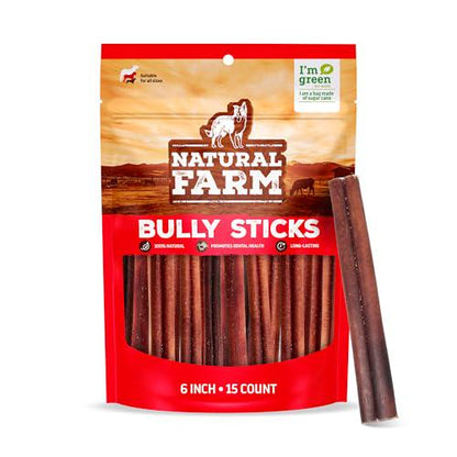 Natural Farm 6 Inch Bully Sticks 15 Count Single Ingredient 100 Beef Dog Treats Grain Free Chews