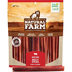 Natural Farm Bully Sticks, 25 Pack (1.3 lb), 6 Inch, 100% Beef, Odor-Free, Long-Lasting Chews for Small & Large Dogs