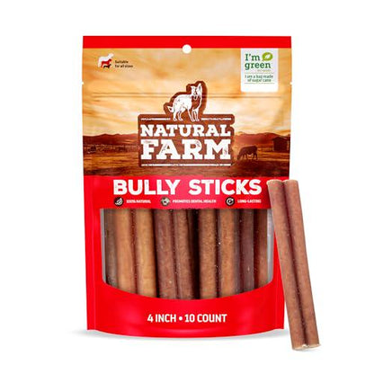 Natural Farm Bully Sticks 4 Inch 10 Pack Odor Free Beef Chews for Small Medium Dogs Grain Free