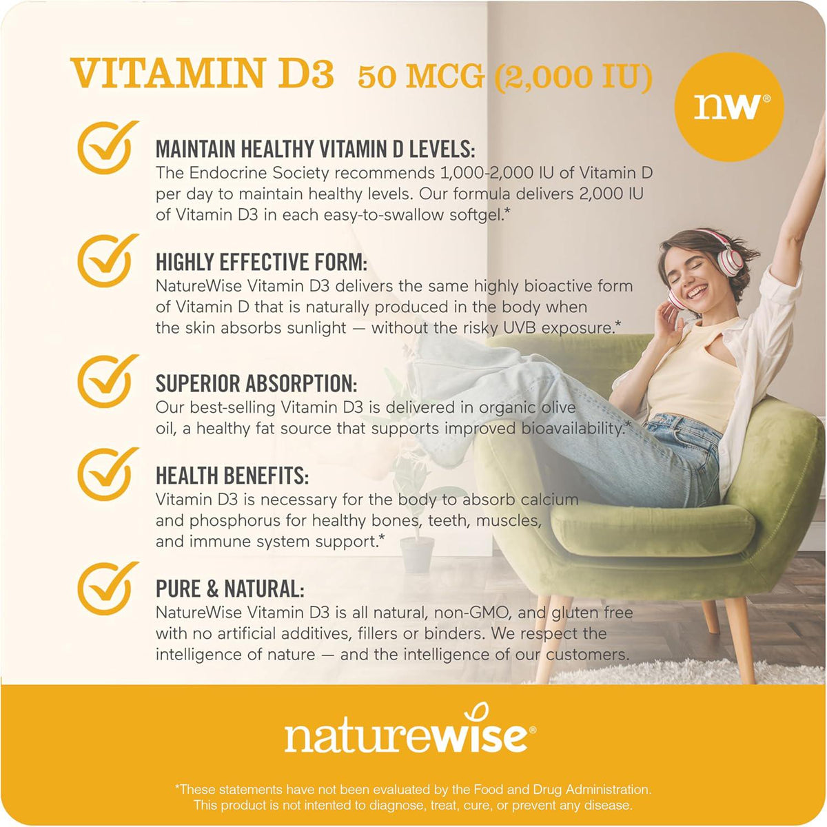 NatureWise Vitamin D3, 2000 IU, 360 Softgels, Immune & Bone Health Support, Non-GMO, Gluten-Free, with Organic Extra Virgin Olive Oil