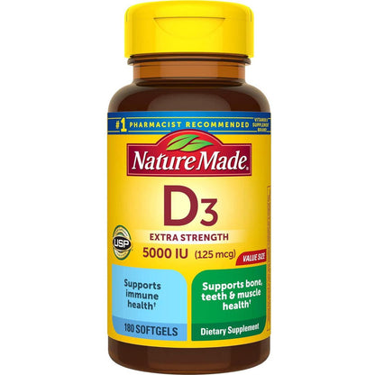 Nature Made Extra Strength Vitamin D3, 5000 IU, 125 mcg Dietary Supplement for Bone, Teeth, Muscle & Immune Health, 180 Softgels, 180-Day Supply