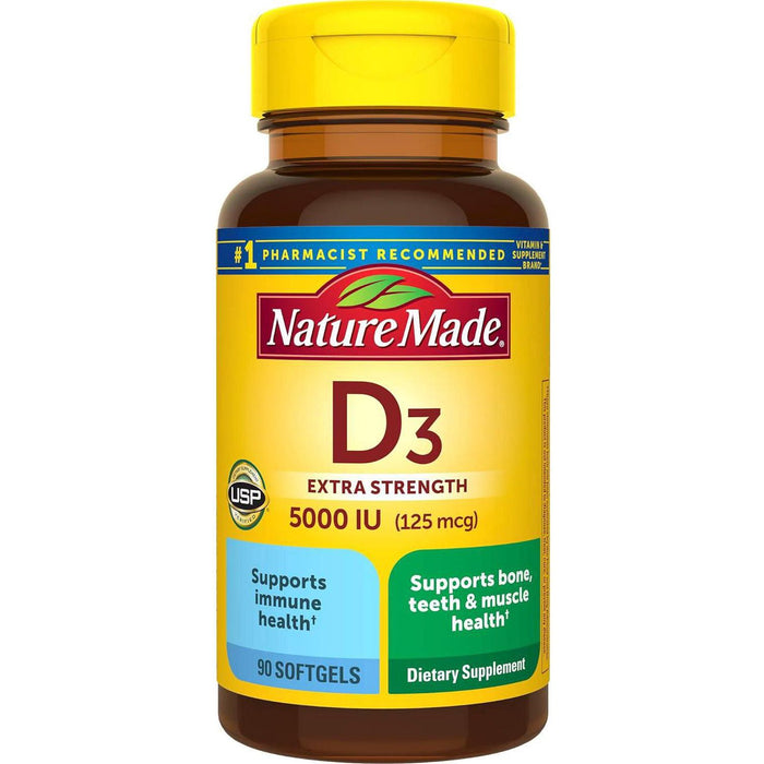 Nature Made Extra Strength Vitamin D3 5000 IU, 125mcg, Dietary Supplement for Bone, Teeth, Muscle & Immune Health Support, 90 Softgels, 90-Day Supply