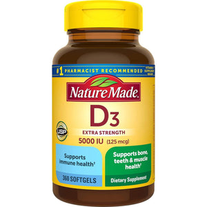 Nature Made Extra Strength Vitamin D3 5000 IU, 125mcg, Dietary Supplement for Bone, Teeth, Muscle & Immune Health Support, 360 Softgels, 360-Day Supply
