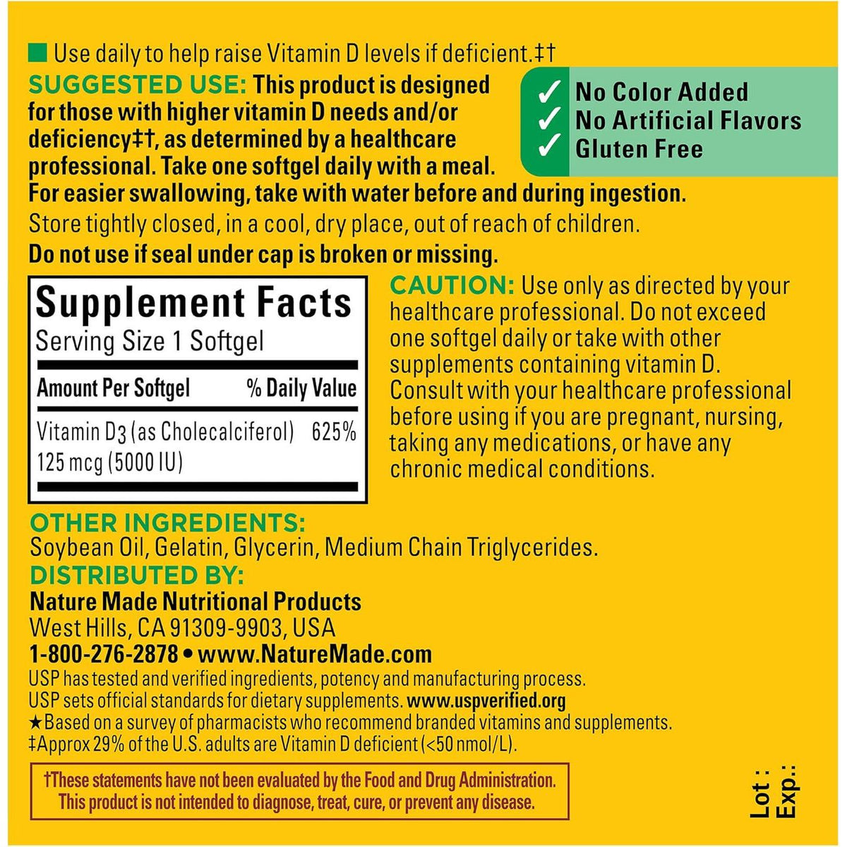 Nature Made Extra Strength Vitamin D3, 5000 IU, 125 mcg Dietary Supplement for Bone, Teeth, Muscle & Immune Health, 180 Softgels, 180-Day Supply