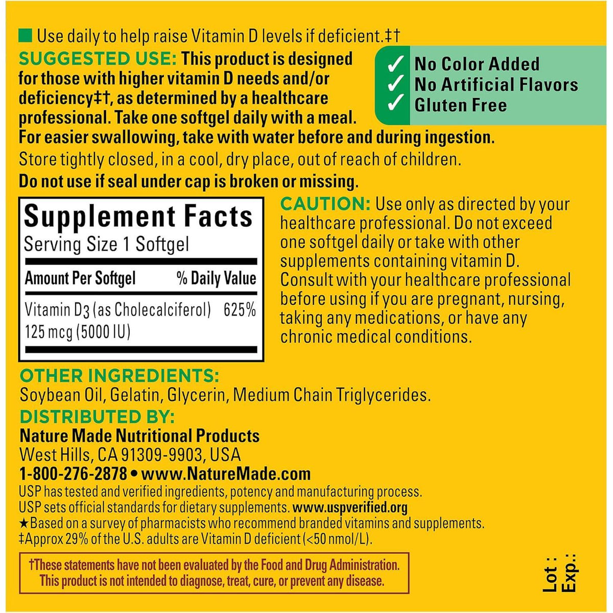 Nature Made Extra Strength Vitamin D3 5000 IU, 125mcg, Dietary Supplement for Bone, Teeth, Muscle & Immune Health Support, 90 Softgels, 90-Day Supply