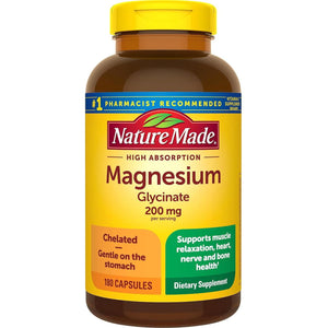 Nature Made High Absorption Magnesium Glycinate, 200mg, Capsules, 180 Count, Supports Muscle Relaxation, Heart, Nerve & Bone Health