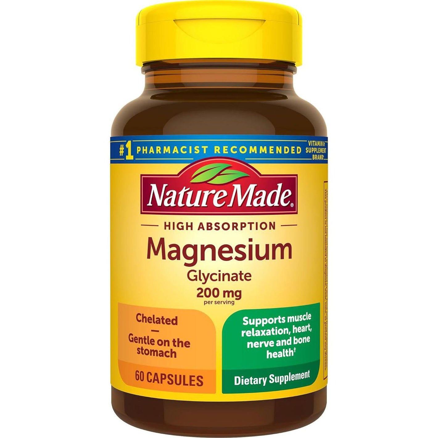 Nature Made Magnesium Glycinate 200mg per Serving, Magnesium Supplement for Muscle, Heart, Nerve & Bone Support, 60 Capsules, 30-Day Supply