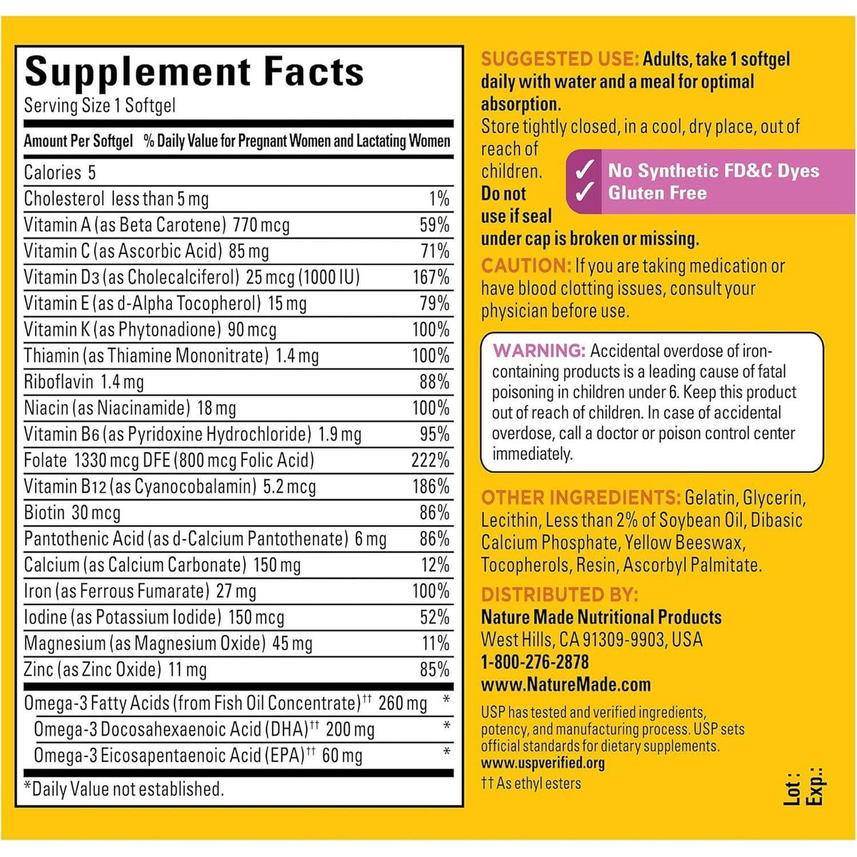 Nature Made Nature Made Prenatal With Folic Acid + DHA, Prenatal Vitamin And Mineral Supplement For Daily Nutritional Support, 110 Softgels, 110 Day Supply