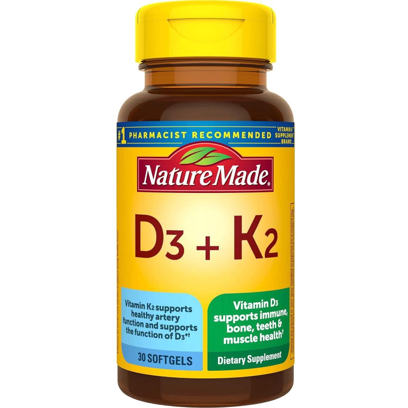 Nature Made Vitamin D3 & K2, 5000 IU, 125mcg Vitamin D Dietary Supplement for Bone, Teeth, Muscle & Immune Health, 30 Softgels, 30-Day Supply