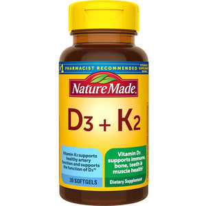 Nature Made Vitamin D3 & K2, 5000 IU, 125mcg Vitamin D Dietary Supplement for Bone, Teeth, Muscle & Immune Health, 30 Softgels, 30-Day Supply