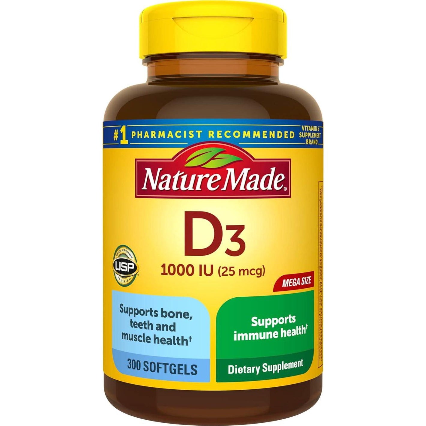Nature Made Vitamin D3, 1000 IU (25mcg), Dietary Supplement for Bone, Teeth, Muscle & Immune Health, 300 Softgels (300-Day Supply)