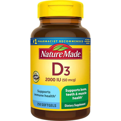 Nature Made Vitamin D3, 2000 IU, Bone & Immune Health Support, 250 Softgels, 250-Day Supply