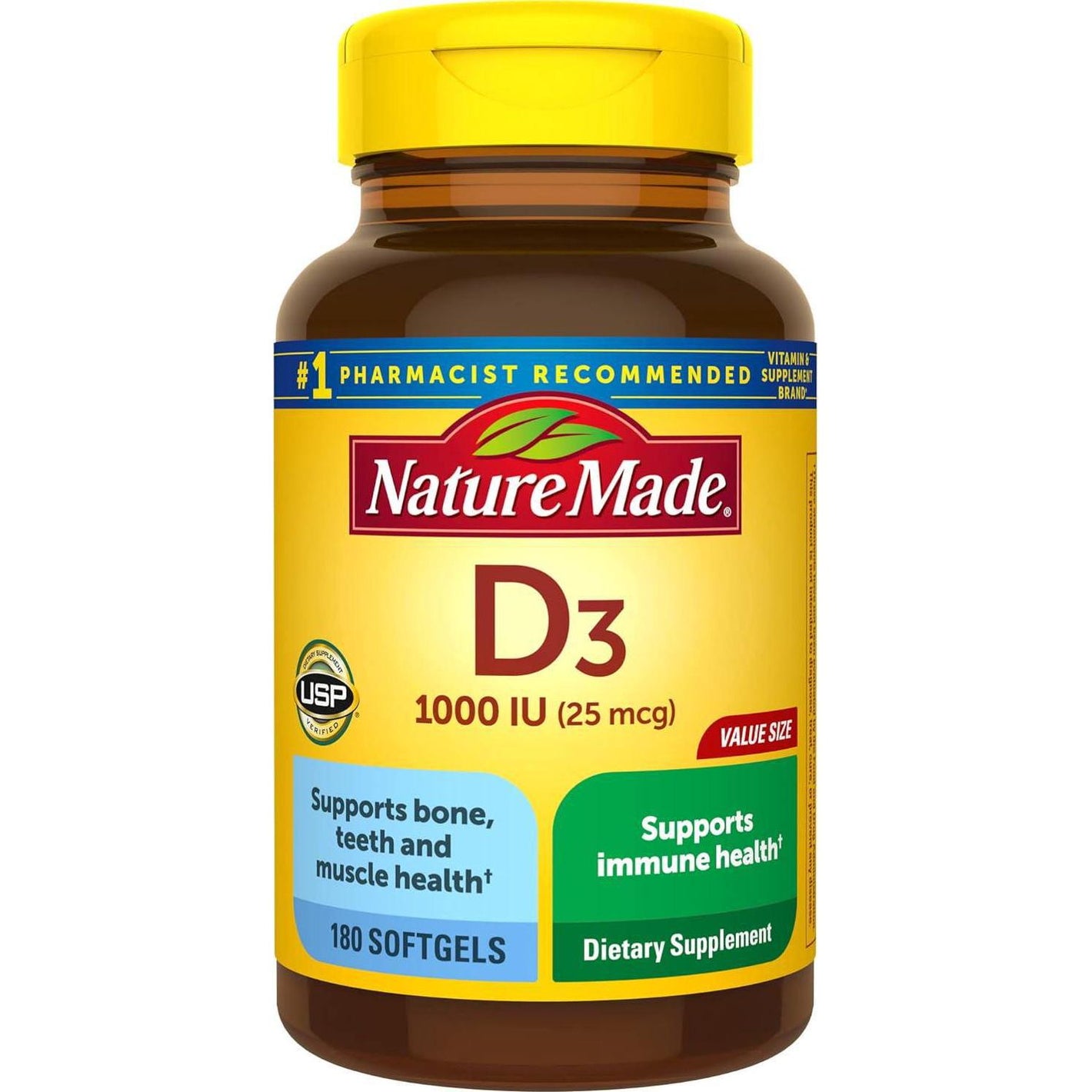 Nature Made Vitamin D3 1000 IU, 25mcg, Dietary Supplement for Bone, Teeth, Muscle & Immune Health, 180 Softgels, 180-Day Supply
