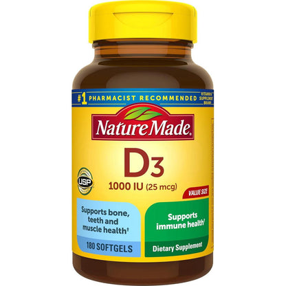 Nature Made Vitamin D3 1000 IU, 25mcg, Dietary Supplement for Bone, Teeth, Muscle & Immune Health, 180 Softgels, 180-Day Supply
