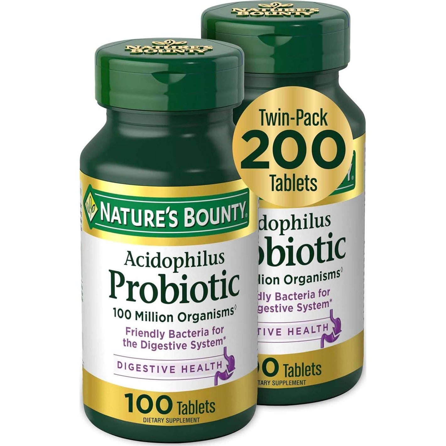 Nature's Bounty Acidophilus Probiotic, Daily Probiotic Supplement for Digestive Health, Twin Pack, 200 Tablets
