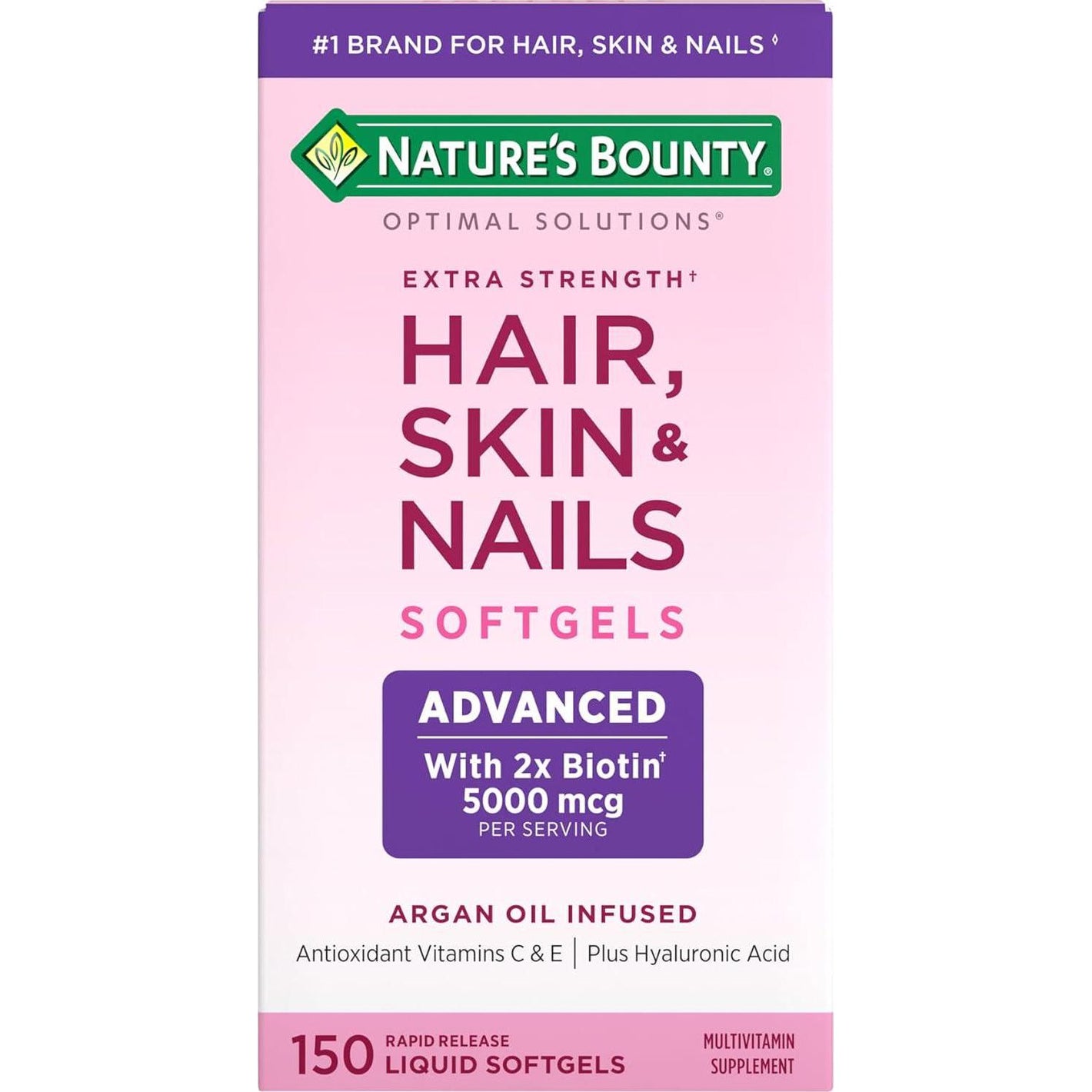 Nature's Bounty Nature's Bounty Advanced Hair, Skin And Nails, Argan-Infused Vitamin Supplement With Biotin And Hyaluronic Acid, 150 Rapid Release Softgels, 50 Total Servings