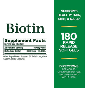 Nature's Bounty Nature's Bounty Biotin, Supports Healthy Hair, Skin And Nails, 10,000 Mcg, Rapid Release Softgels, 180 Ct