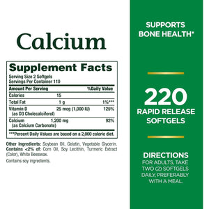Nature's Bounty Nature's Bounty Calcium 1200 Mg With 1,000IU Vitamin D3, Bone Health And Immune Support, 220 Softgels