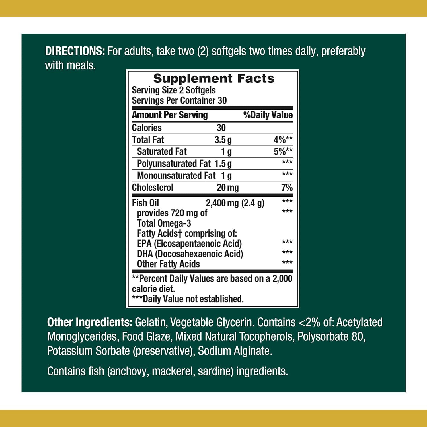 Nature's Bounty Fish Oil, 1200mg, 360mg Of Omega-3, 60 Odorless Softgels (Packaging May Vary),