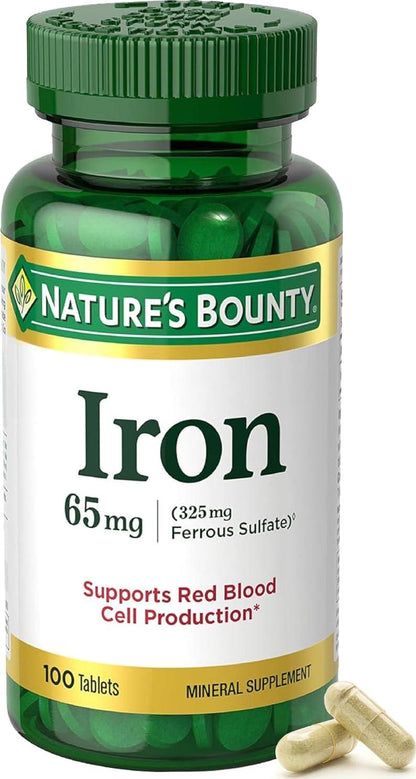 Nature’s Bounty Iron Supplement, 65mg Ferrous Sulfate, 100 Tablets, Supports Cellular Energy & Red Blood Cell Production