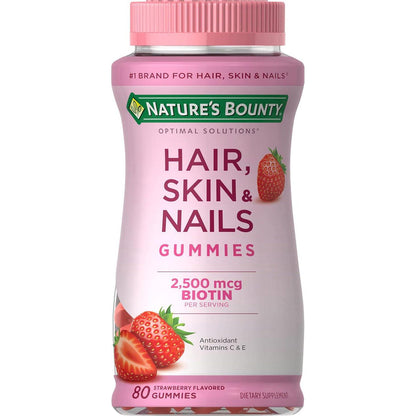 Nature’s Bounty Hair, Skin & Nails Vitamin Gummies with Biotin (2500 mcg), Strawberry Flavor, 80 Count (40 Servings)